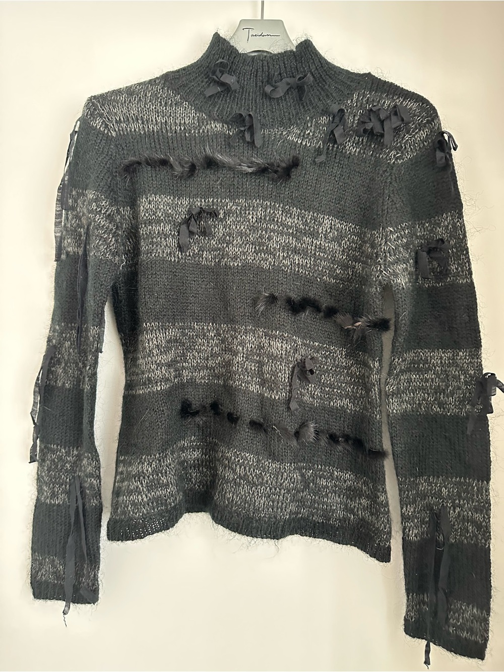 Striped Black and Dark Gray Women's Ribbon-Trim Sweater